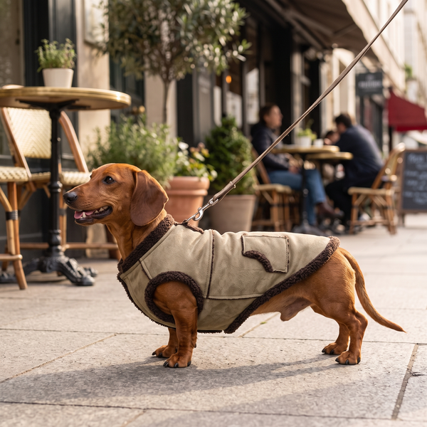 SuedeDash Retro Dachshund Dog Vest in Khaki - lifestyle 1