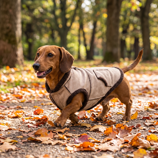 SuedeDash Retro Dachshund Dog Vest in Khaki - lifestyle 2