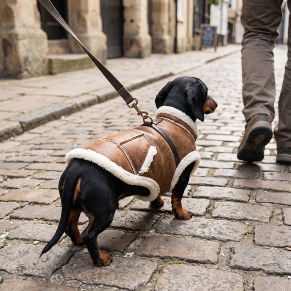 SuedeDash Retro Dachshund Dog Vest in Brown - lifestyle 2