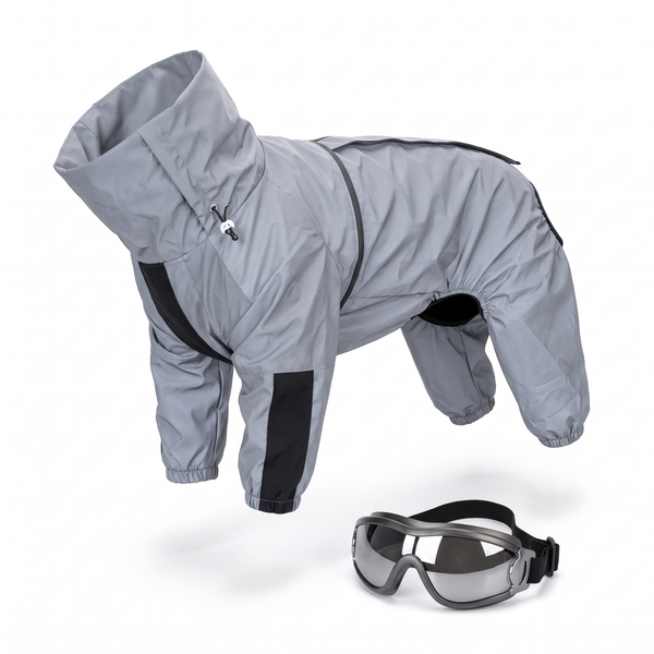 AstroGlow Reflective Dog Rain Coat in Coat & Goggles - white background