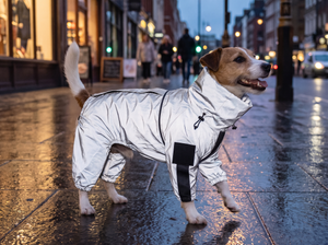 AstroGlow Dog Raincoat worn by a dog