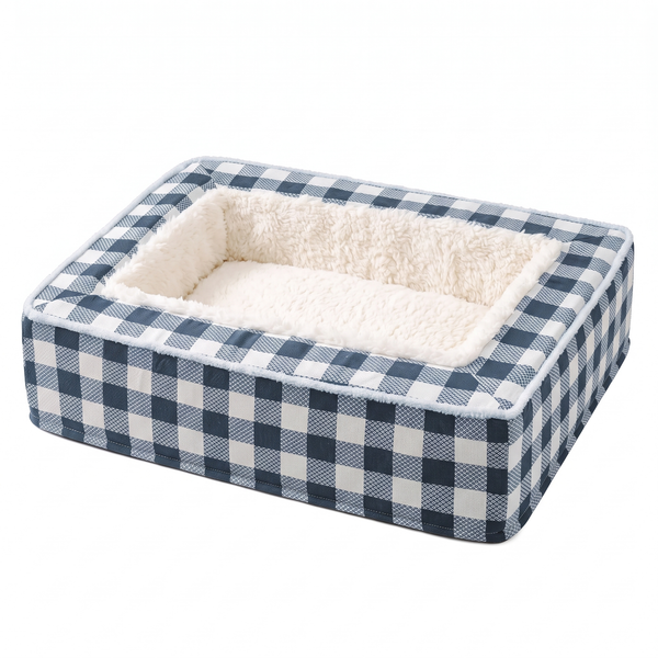 TartanHaven Calming Dog Bed Washable Plaid Bolster Nest - Blue M/L