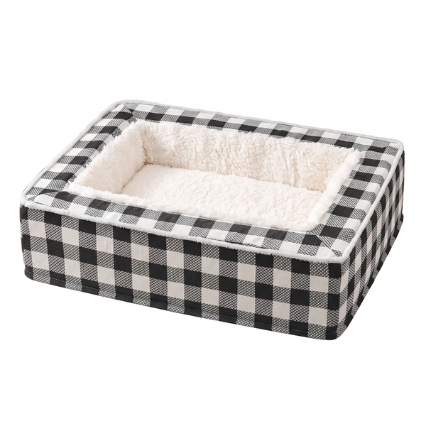 TartanHaven Calming Dog Bed Washable Plaid Bolster Nest - Black M/L