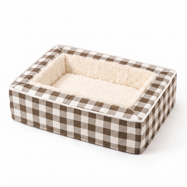 TartanHaven Calming Dog Bed Washable Plaid Bolster Nest - Brown