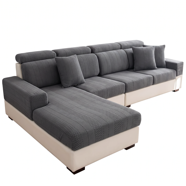 FleeceHalo stretch knit sofa cover in Grey fitted over a sofa