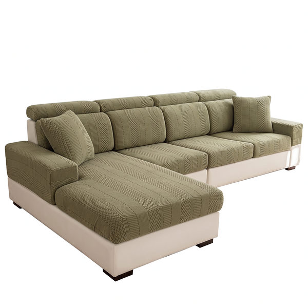 FleeceHalo stretch knit sofa cover in Green fitted over a sofa