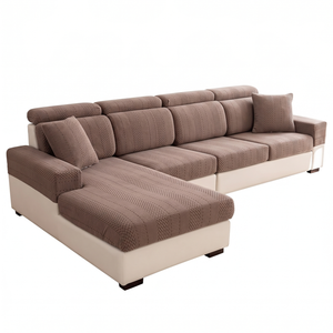 FleeceHalo stretch knit sofa cover in Brown fitted over a sofa