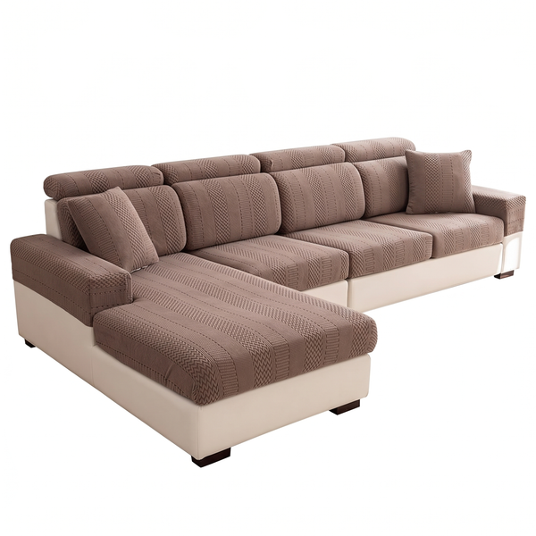 FleeceHalo stretch knit sofa cover in Brown fitted over a sofa