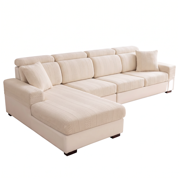 FleeceHalo stretch knit sofa cover in Cream fitted over a sofa