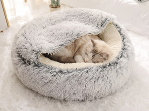 HideawayPod Covered Pet Bed with hood folded back