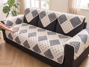WaffleDrift Thick Plush Sofa Cover being fitted